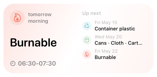 Home Screen widget showing tomorrow morning's burnable garbage pickup at 6:30 to 7:30