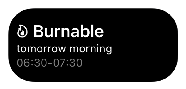 Lock Screen widget showing burnable garbage, tomorrow morning